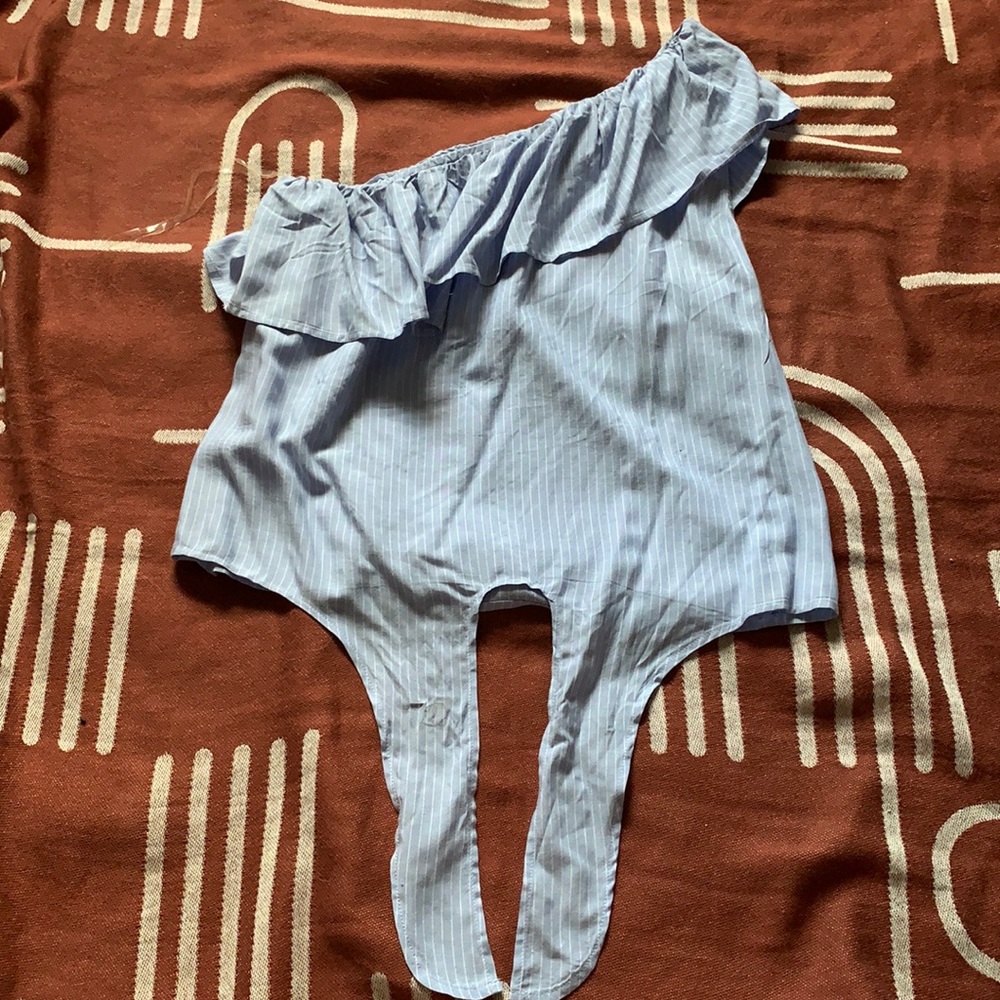 Mossimo One Shoulder Light Blue Pinstripe Top